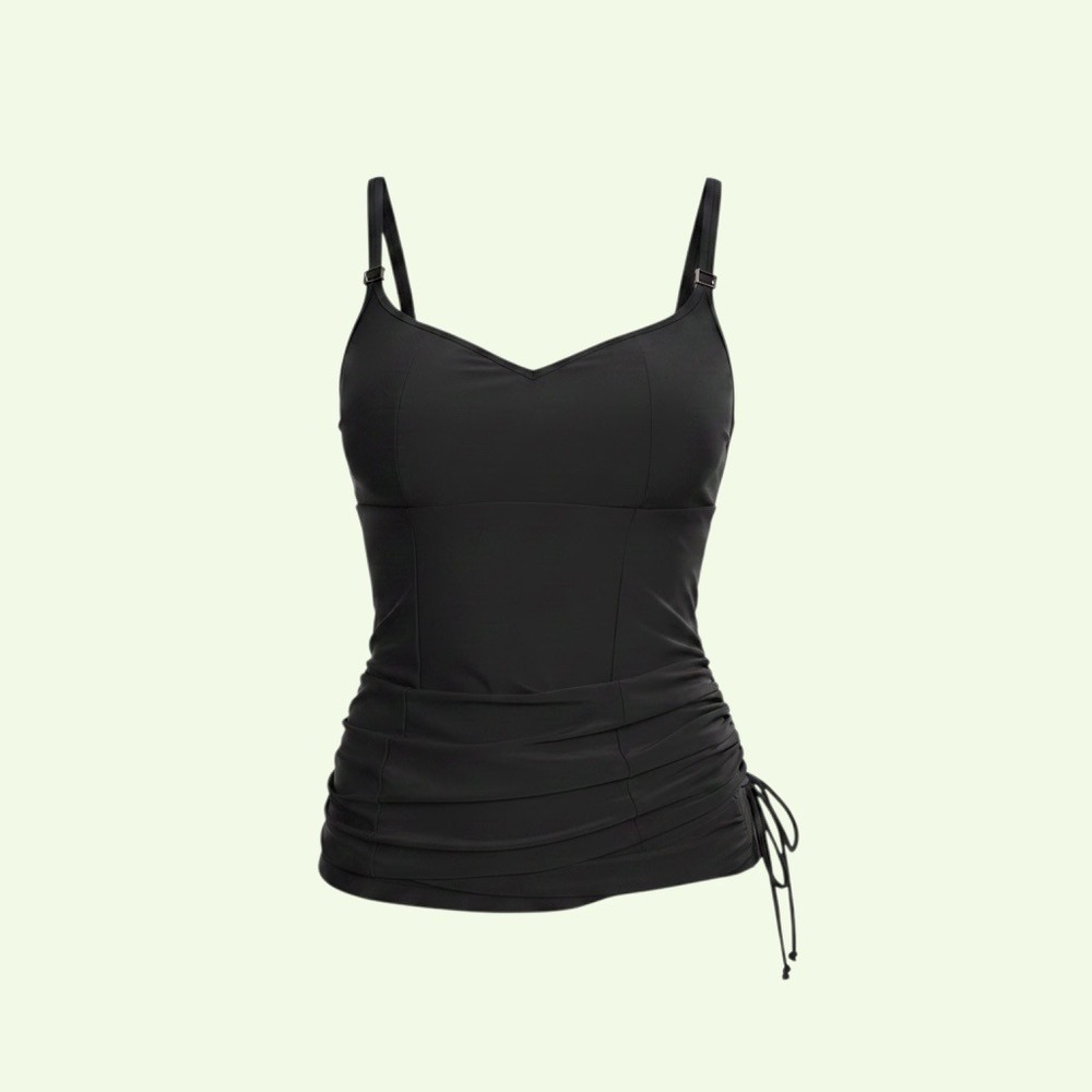 Panache Swim Tankini Top Black Ruched Side Tie Underwire Classic Minimalist
